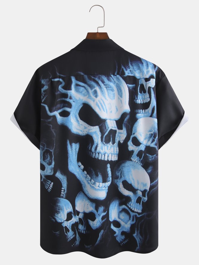 Mens Halloween Print Short Sleeve Shirt Lapel Top