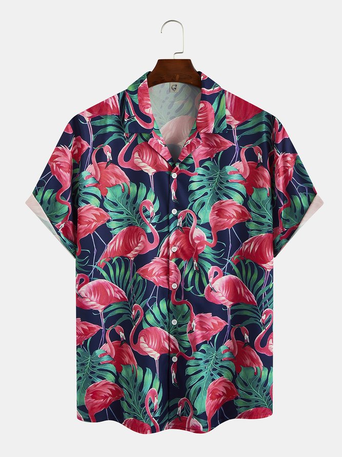 Men's Flamingo Print Hawaiian Collar Short Sleeve Trendy Aloha Shirt