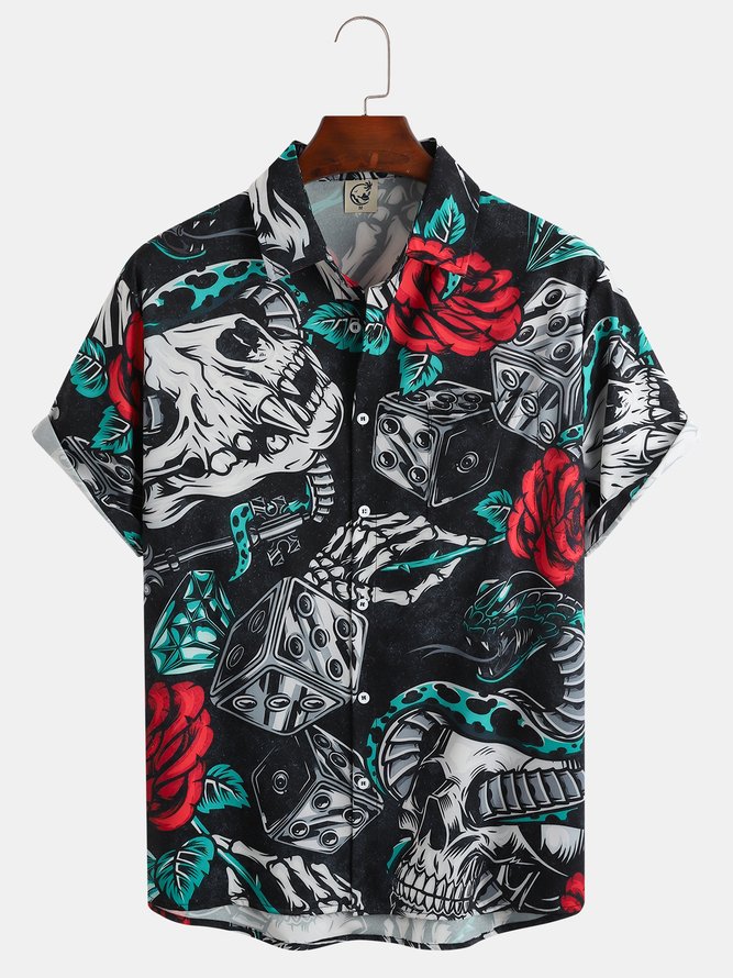 Mens Skull Print Front Buttons Soft Breathable Chest Pocket Casual Hawaiian Shirts