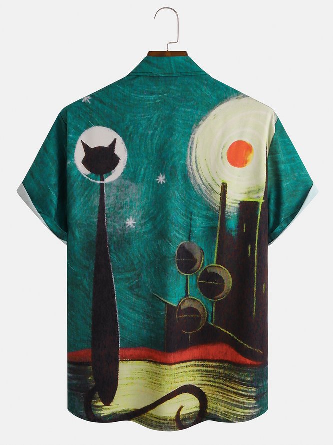 Casual Style Art Series Illustration Striped Geometric Space Cat Element Pattern Lapel Short Sleeve Shirt Print Top