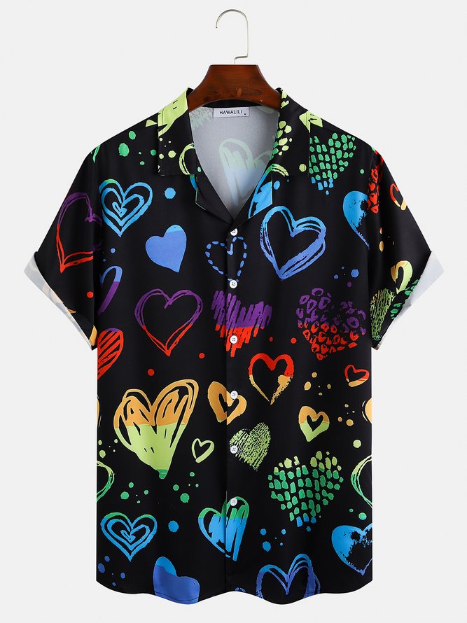 Men's Heart Print Casual Short Sleeve Hawaiian Shirt