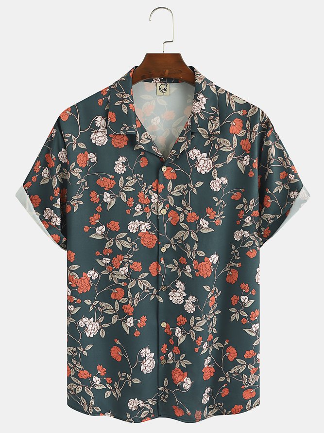 Mens Retro Floral Print Casual Breathable Short Sleeve Aloha Shirt