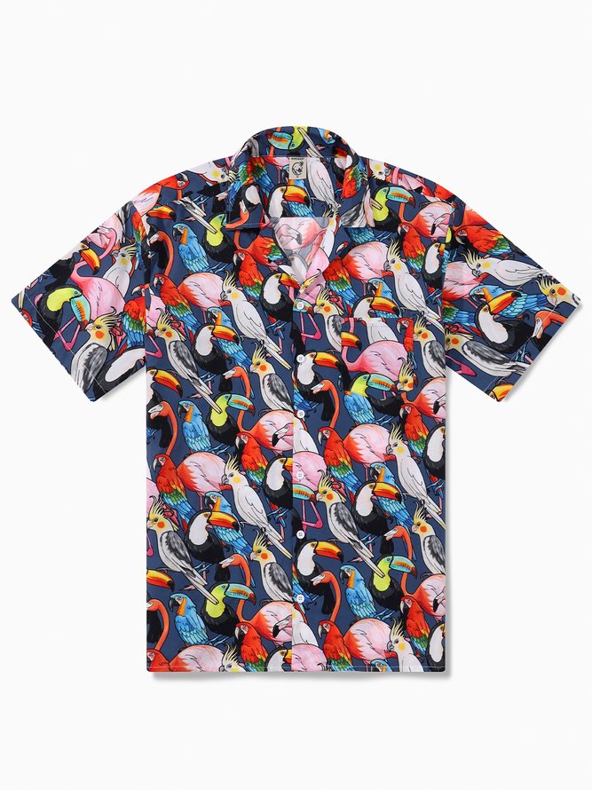 Side view of Summer Parrots Vacation No Elasticity Loose Buttons Cotton H-Line Regular Aloha Shirts for Men