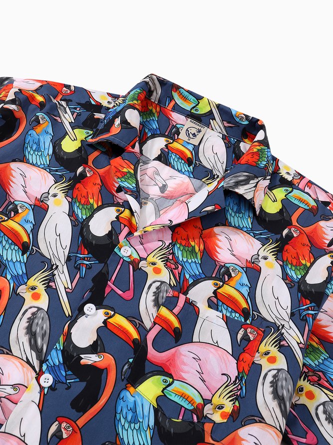 Side view of Summer Parrots Vacation No Elasticity Loose Buttons Cotton H-Line Regular Aloha Shirts for Men