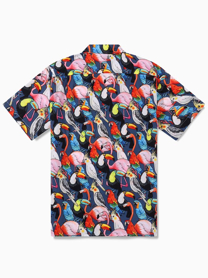 Side view of Summer Parrots Vacation No Elasticity Loose Buttons Cotton H-Line Regular Aloha Shirts for Men