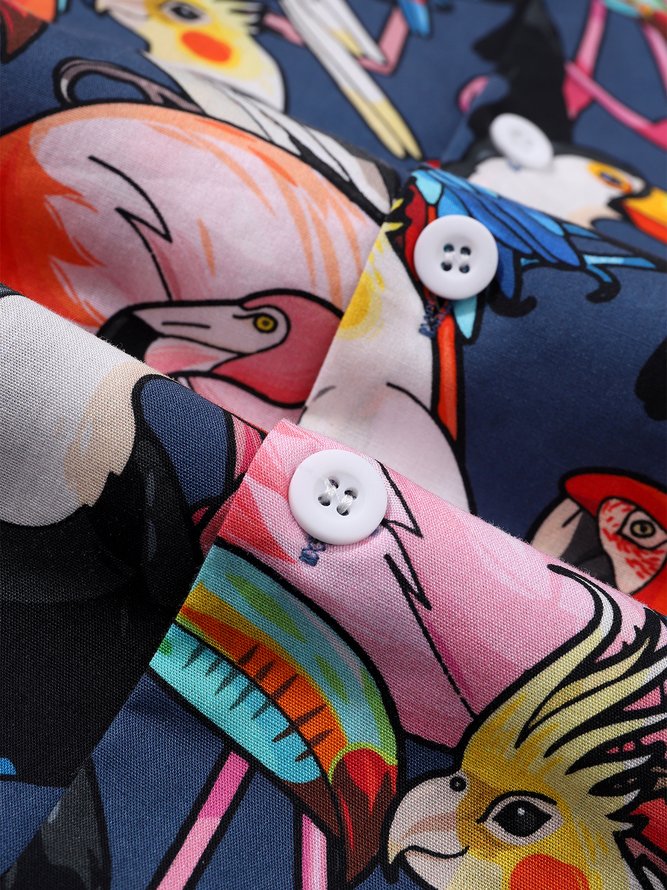 Side view of Summer Parrots Vacation No Elasticity Loose Buttons Cotton H-Line Regular Aloha Shirts for Men