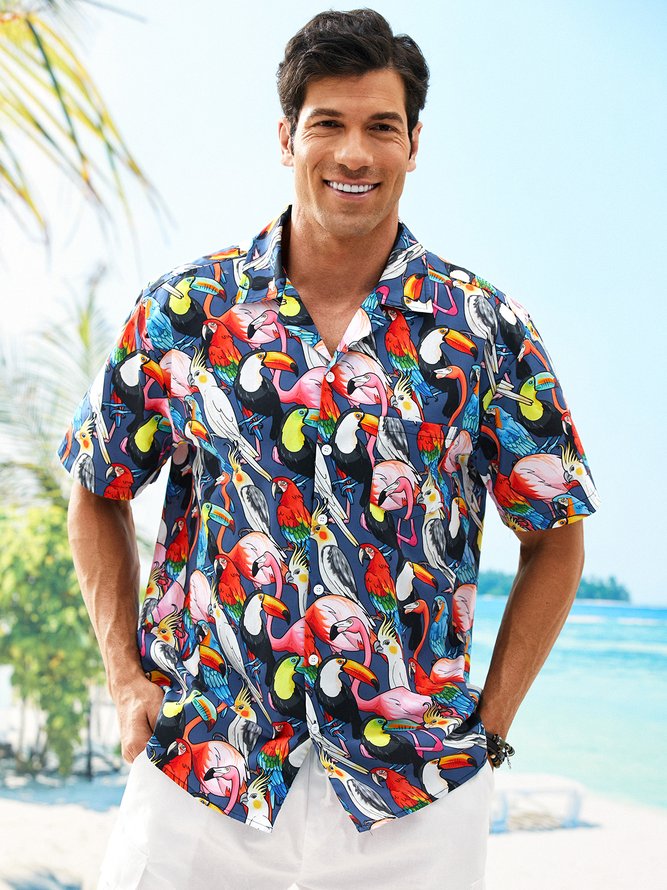 Side view of Summer Parrots Vacation No Elasticity Loose Buttons Cotton H-Line Regular Aloha Shirts for Men