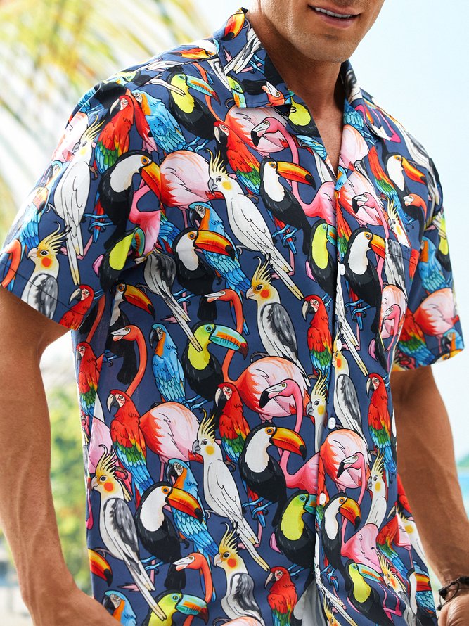 Side view of Summer Parrots Vacation No Elasticity Loose Buttons Cotton H-Line Regular Aloha Shirts for Men