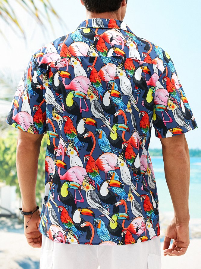 Side view of Summer Parrots Vacation No Elasticity Loose Buttons Cotton H-Line Regular Aloha Shirts for Men