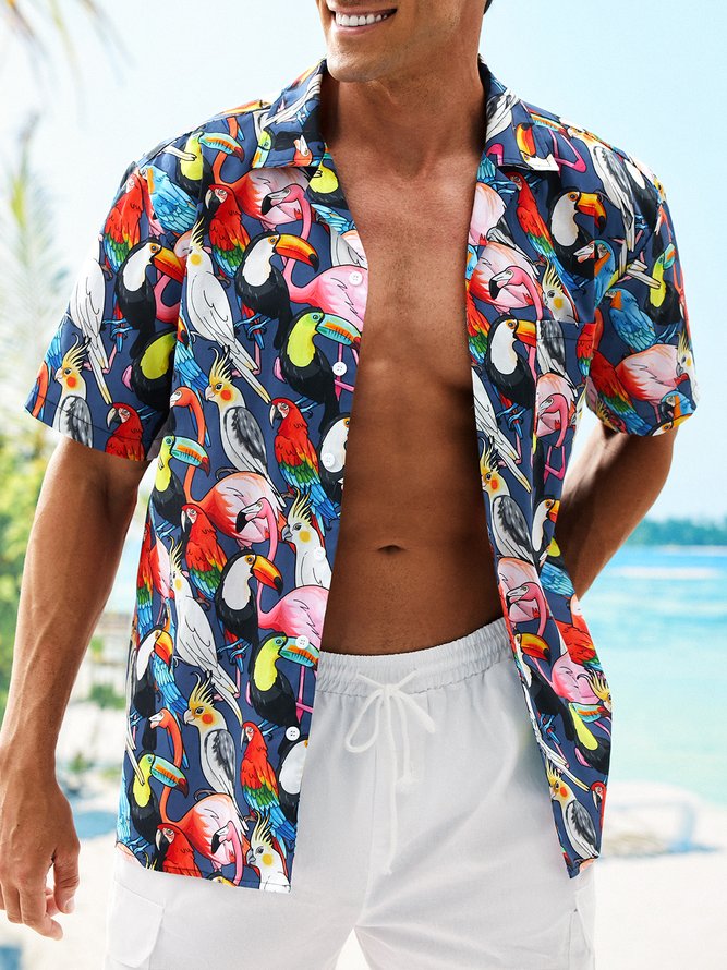 Side view of Summer Parrots Vacation No Elasticity Loose Buttons Cotton H-Line Regular Aloha Shirts for Men