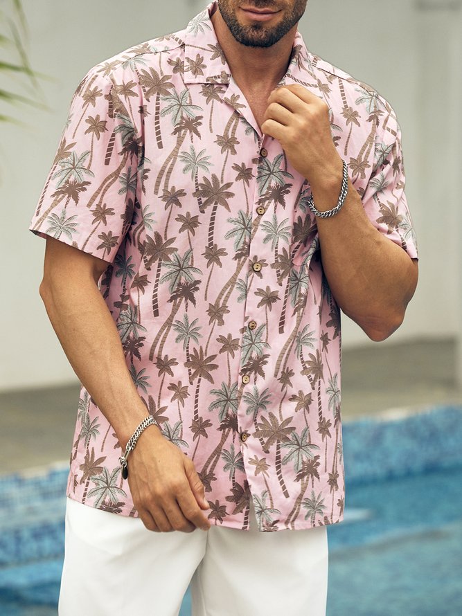 Side view of Men Summer Coconut Tree Vacation Natural No Elasticity Moisture Permeability Cotton Regular Camp Collar Aloha Shirts