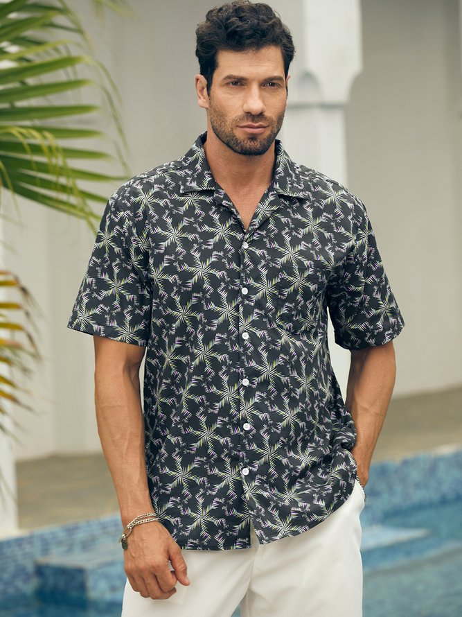 Side view of Men Summer Plants Vacation Natural No Elasticity Loose Regular H-Line Camp Collar Aloha Shirts