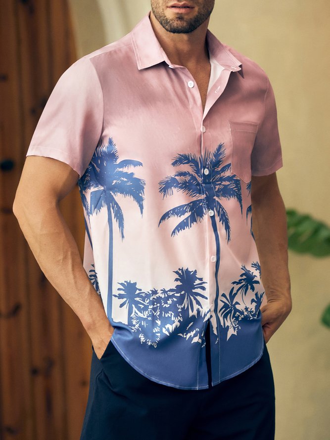 Mens Coconut Tree Printed Casual Breathable Hawaiian Short Sleeve Shirt