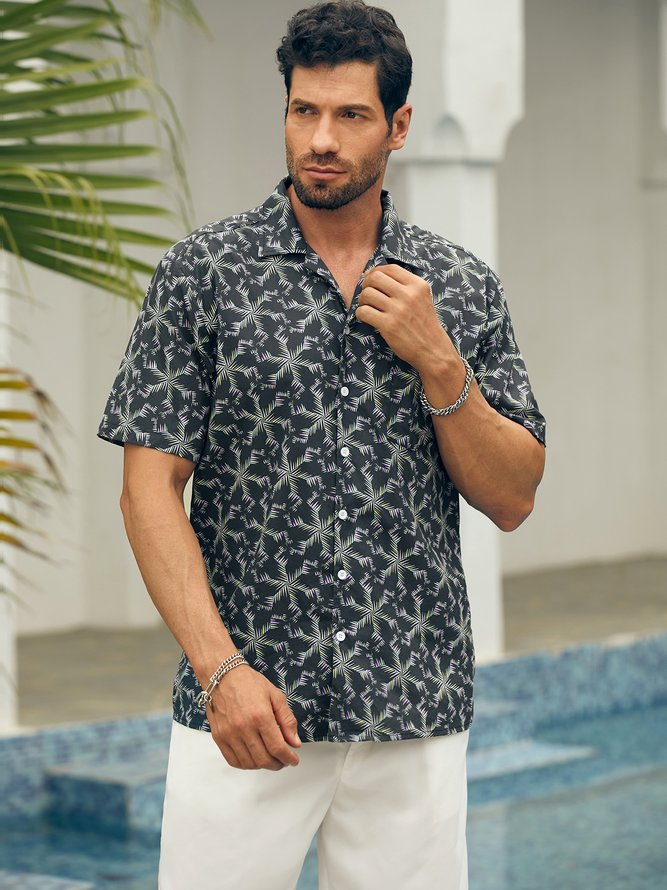 Side view of Men Summer Plants Vacation Natural No Elasticity Loose Regular H-Line Camp Collar Aloha Shirts