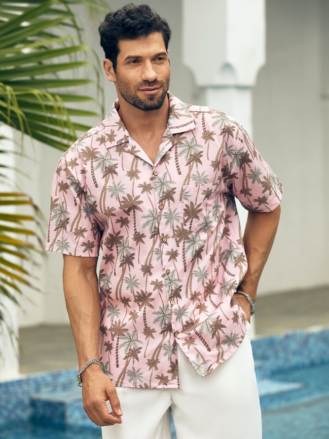 Side view of Men Summer Coconut Tree Vacation Natural No Elasticity Moisture Permeability Cotton Regular Camp Collar Aloha Shirts