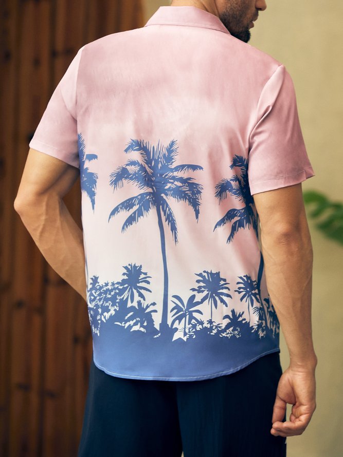 Mens Coconut Tree Printed Casual Breathable Hawaiian Short Sleeve Shirt