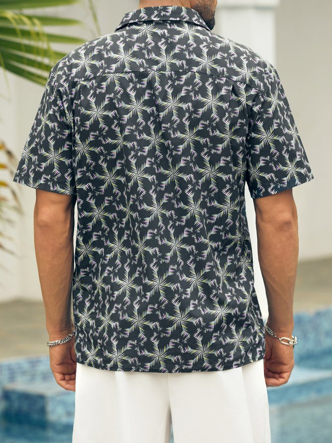 Side view of Men Summer Plants Vacation Natural No Elasticity Loose Regular H-Line Camp Collar Aloha Shirts