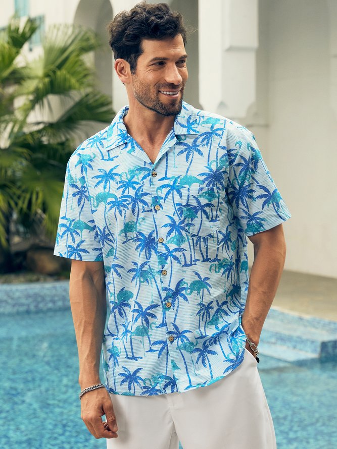 Side view of Men Summer Coconut Tree Vacation No Elasticity Short Sleeve Cotton Regular H-Line Camp Collar Aloha Shirts