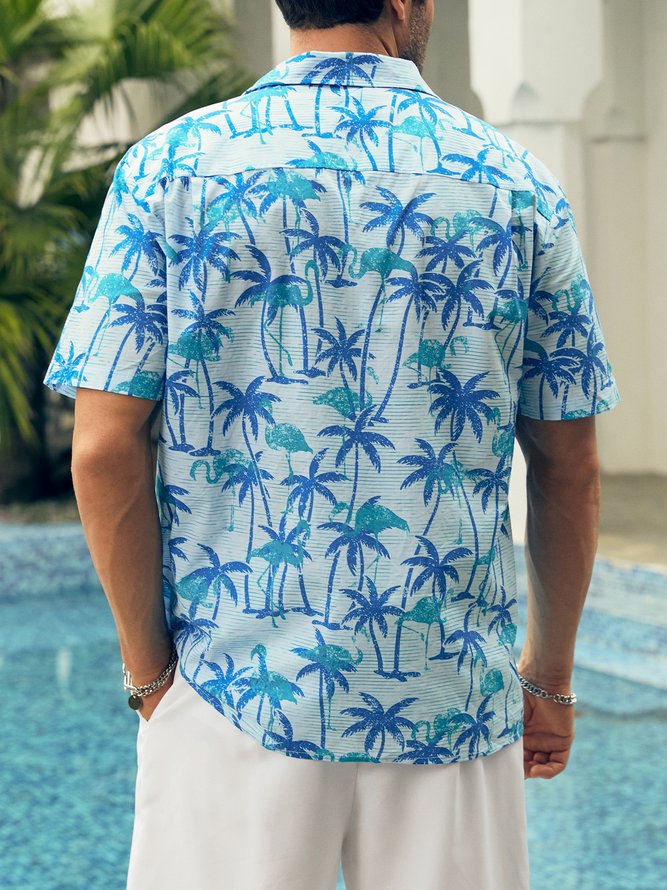Side view of Men Summer Coconut Tree Vacation No Elasticity Short Sleeve Cotton Regular H-Line Camp Collar Aloha Shirts