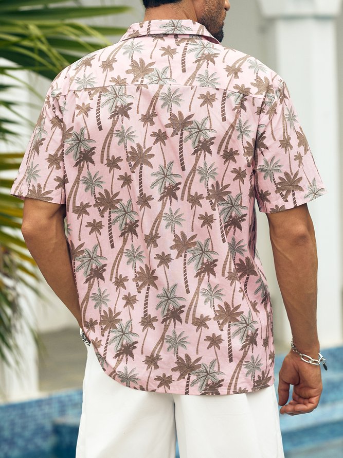 Side view of Men Summer Coconut Tree Vacation Natural No Elasticity Moisture Permeability Cotton Regular Camp Collar Aloha Shirts