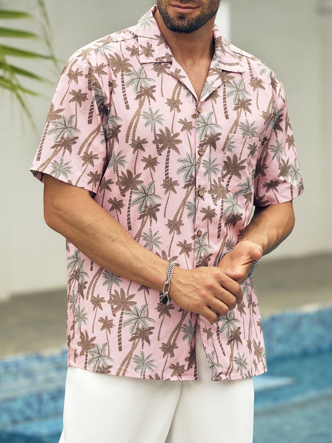 Men Summer Coconut Tree Vacation Natural No Elasticity Moisture Permeability Cotton Regular Camp Collar Aloha Shirts-image-15741423