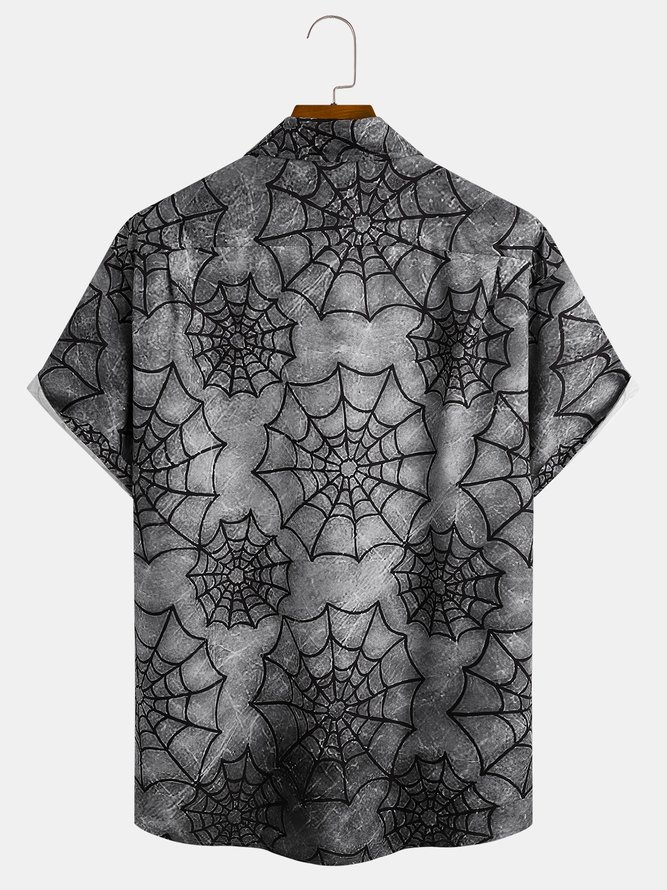 Men's Halloween Skull Print Moisture Wicking Fabric Fashion Lapel Short Sleeve Shirts