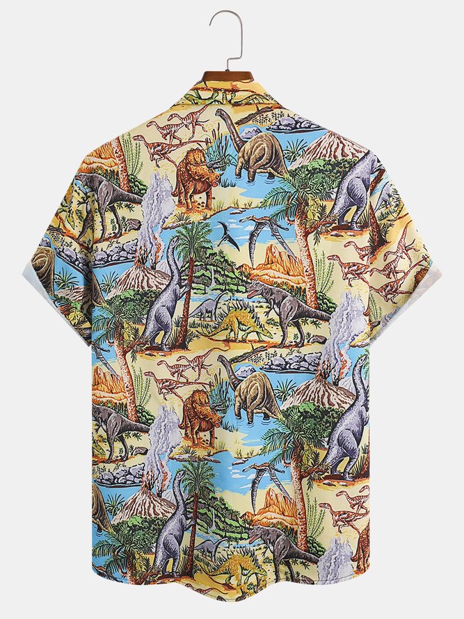 Men's Dinosaur Print Casual Fabric Fashion Pocket Lapel Short Sleeve Shirt