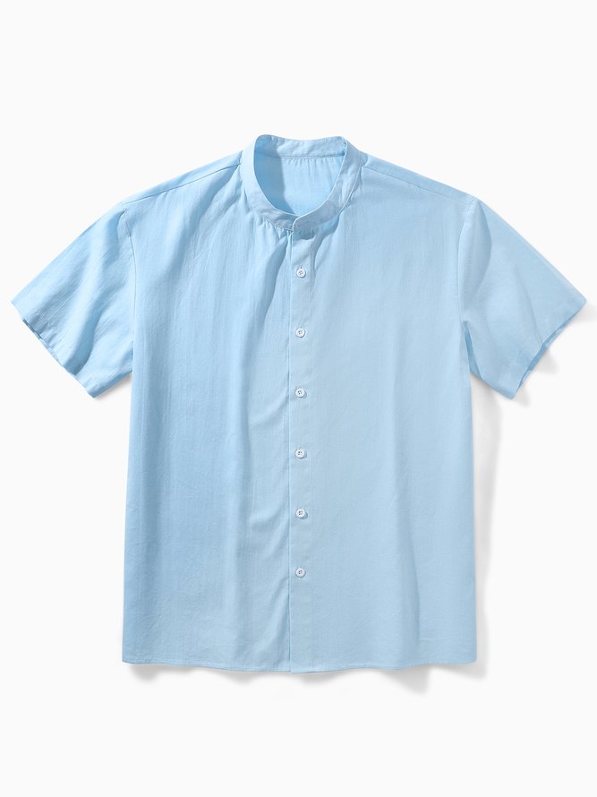 Side view of Casual Plain Summer No Elasticity Loose Short Sleeve Cotton Regular H-Line Aloha Shirts for Men