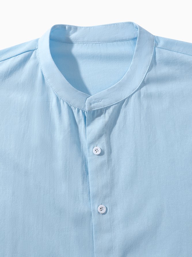 Side view of Casual Plain Summer No Elasticity Loose Short Sleeve Cotton Regular H-Line Aloha Shirts for Men