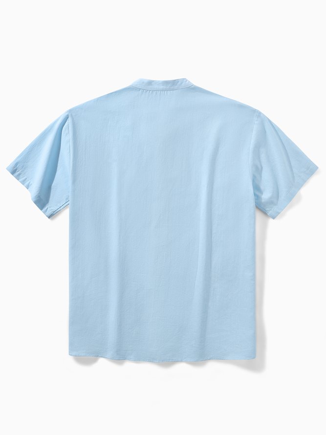 Side view of Casual Plain Summer No Elasticity Loose Short Sleeve Cotton Regular H-Line Aloha Shirts for Men