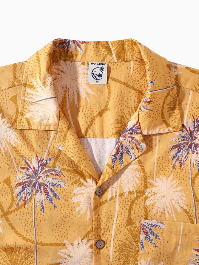 Side view of Men Summer Coconut Tree Vacation Natural No Elasticity Moisture Permeability Holiday Loose Cotton Aloha Shirts