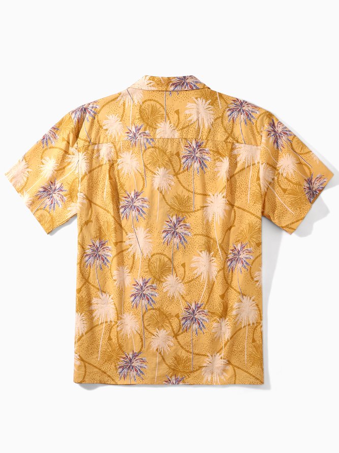 Side view of Men Summer Coconut Tree Vacation Natural No Elasticity Moisture Permeability Holiday Loose Cotton Aloha Shirts