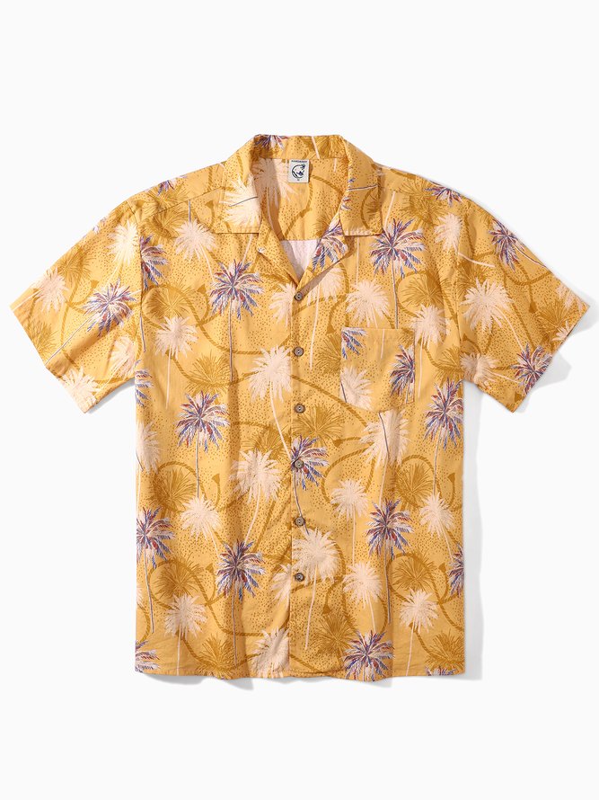 Side view of Men Summer Coconut Tree Vacation Natural No Elasticity Moisture Permeability Holiday Loose Cotton Aloha Shirts