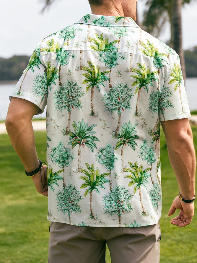 Side view of Men Summer Plants Vacation Lightweight Buttons Short Sleeve Cotton Regular Camp Collar Aloha Shirts