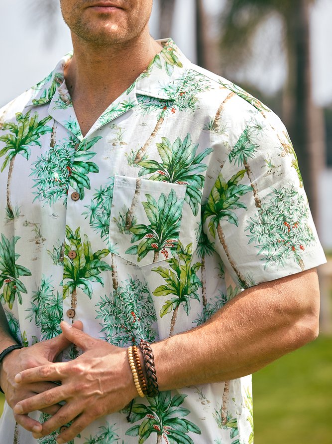 Side view of Men Summer Plants Vacation Lightweight Buttons Short Sleeve Cotton Regular Camp Collar Aloha Shirts