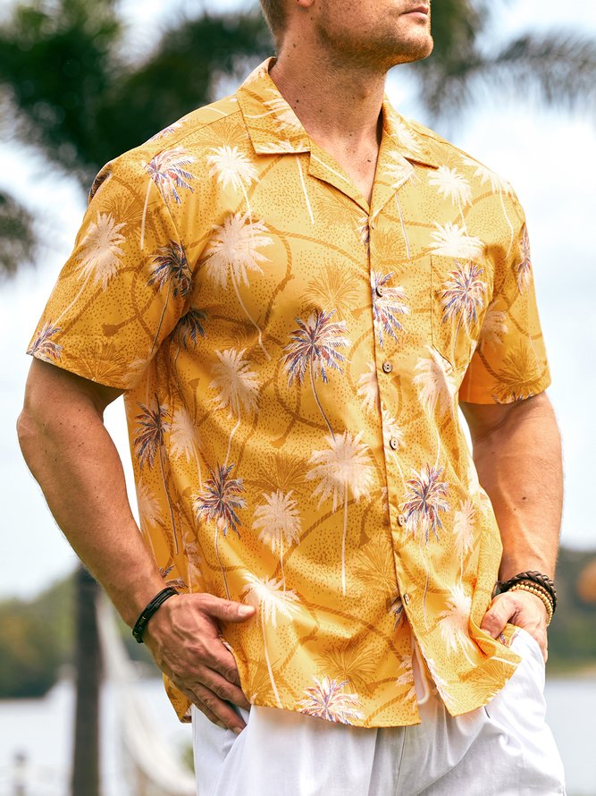 Men Summer Coconut Tree Vacation Natural No Elasticity Moisture Permeability Holiday Loose Cotton Aloha Shirts-image-16719871