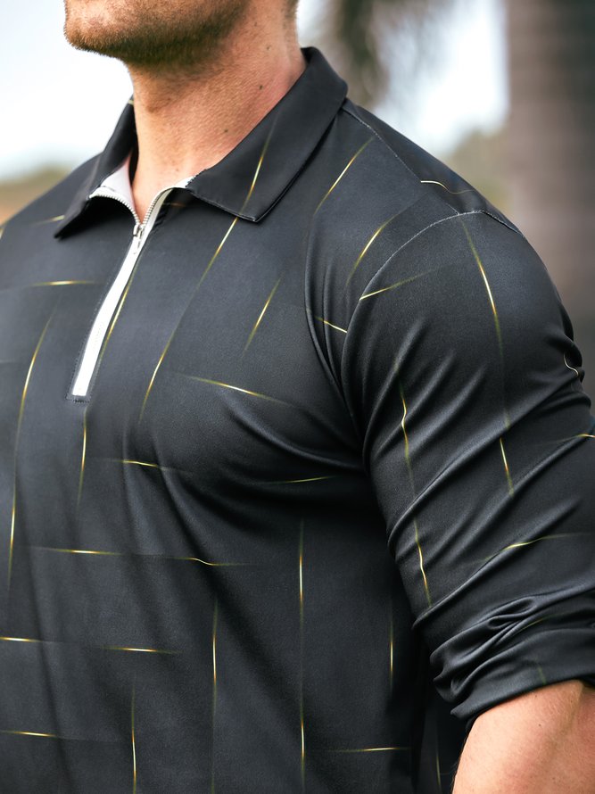Mens Casual Art Gradient Geometric Stripes Long Sleeve Polo Shirt Lapel Print Top
