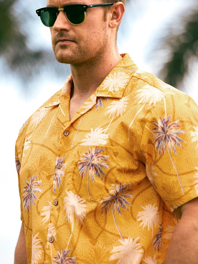 Side view of Men Summer Coconut Tree Vacation Natural No Elasticity Moisture Permeability Holiday Loose Cotton Aloha Shirts