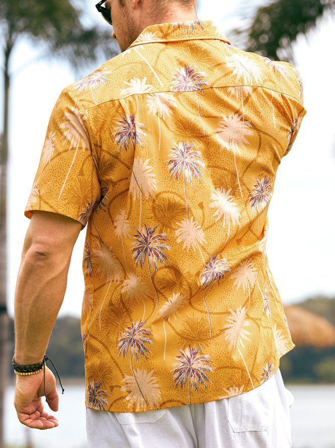 Side view of Men Summer Coconut Tree Vacation Natural No Elasticity Moisture Permeability Holiday Loose Cotton Aloha Shirts