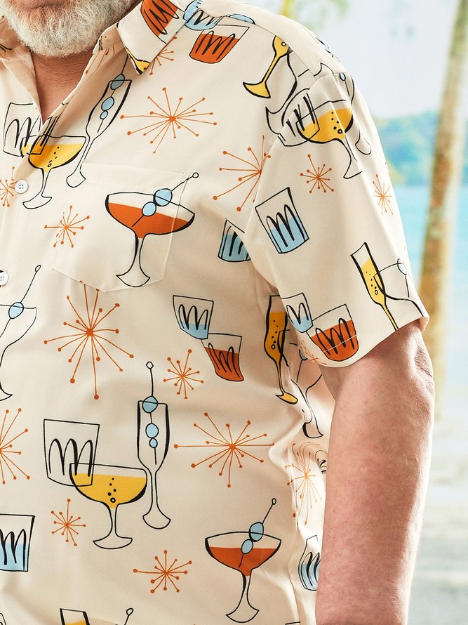 Big Size Wine Glass Chest Pocket Short  Sleeve Hawaiian Shirt