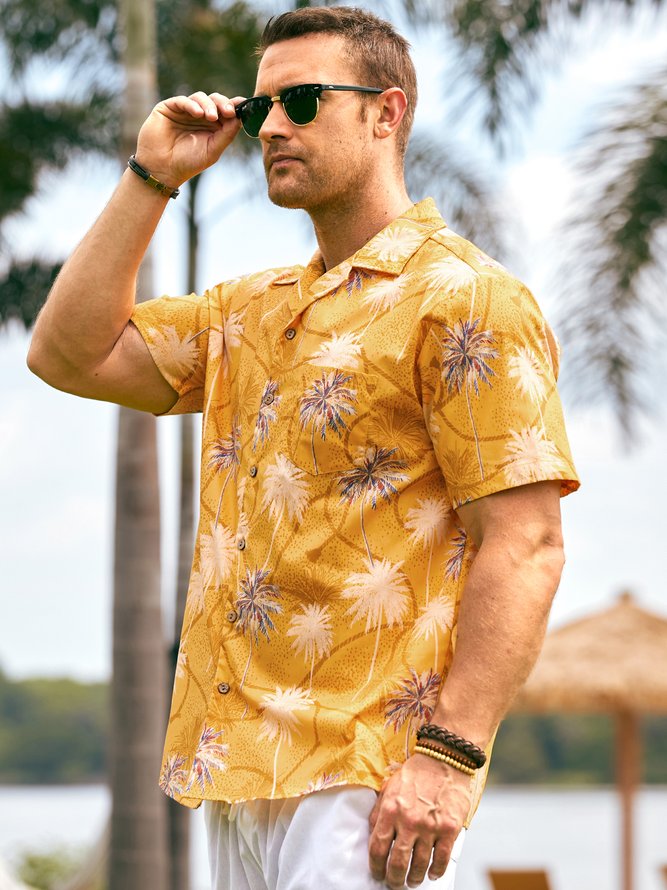 Side view of Men Summer Coconut Tree Vacation Natural No Elasticity Moisture Permeability Holiday Loose Cotton Aloha Shirts