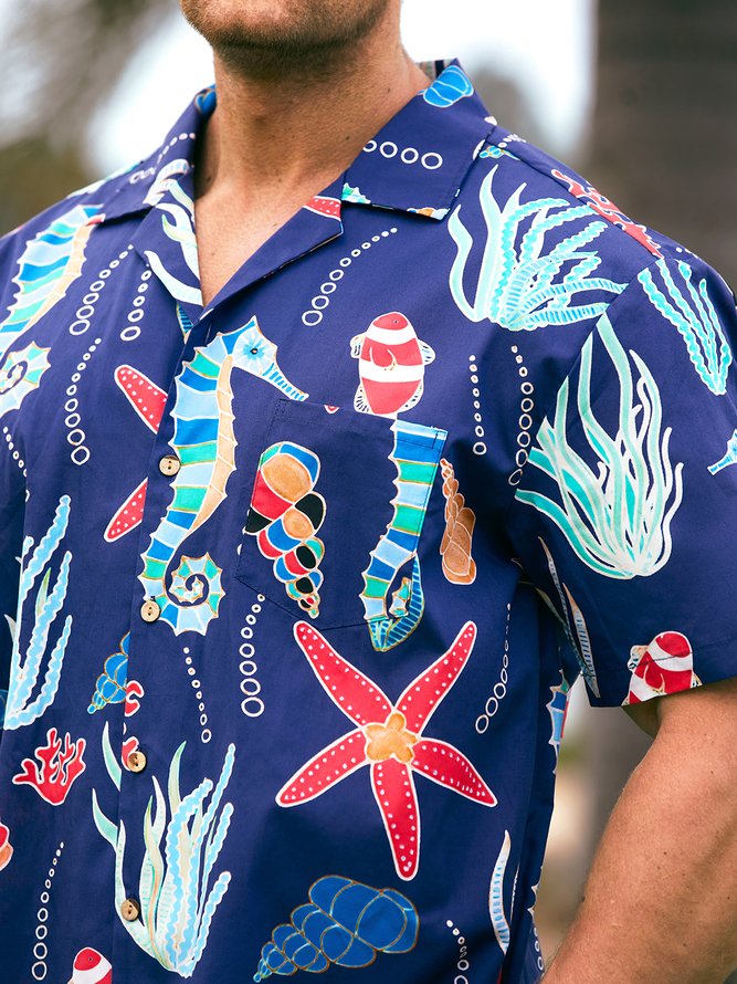 Hardaddy® Cotton Marine Life Chest Pocket Aloha Shirt