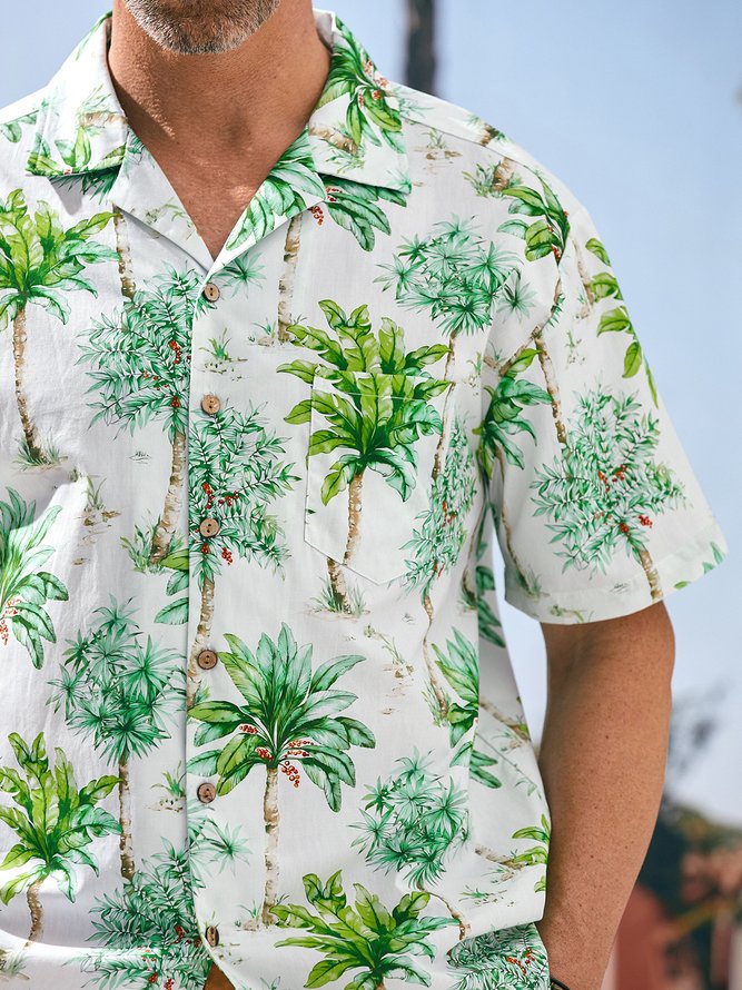 Side view of Men Summer Plants Vacation Lightweight Buttons Short Sleeve Cotton Regular Camp Collar Aloha Shirts