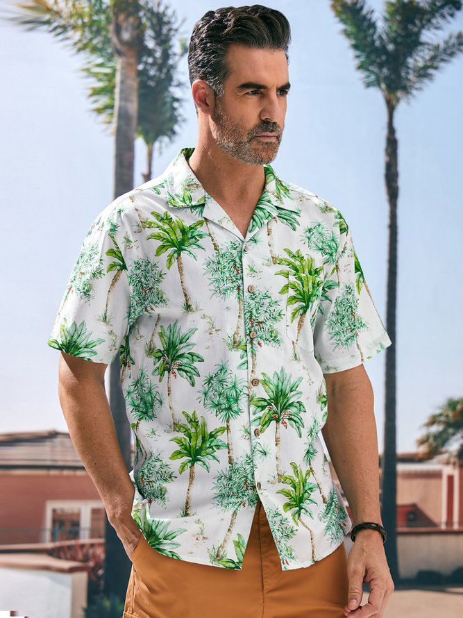 Side view of Men Summer Plants Vacation Lightweight Buttons Short Sleeve Cotton Regular Camp Collar Aloha Shirts