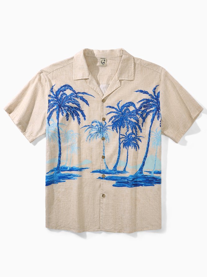 Side view of Men Summer Coconut Tree Vacation Natural No Elasticity Loose Short Sleeve Cotton Regular Aloha Shirts