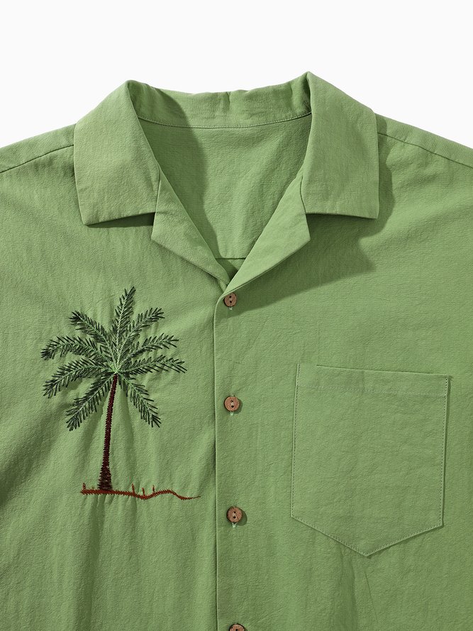 Side view of Men Summer Coconut Tree Vacation No Elasticity Moisture Permeability Household Regular H-Line Camp Collar Aloha Shirts