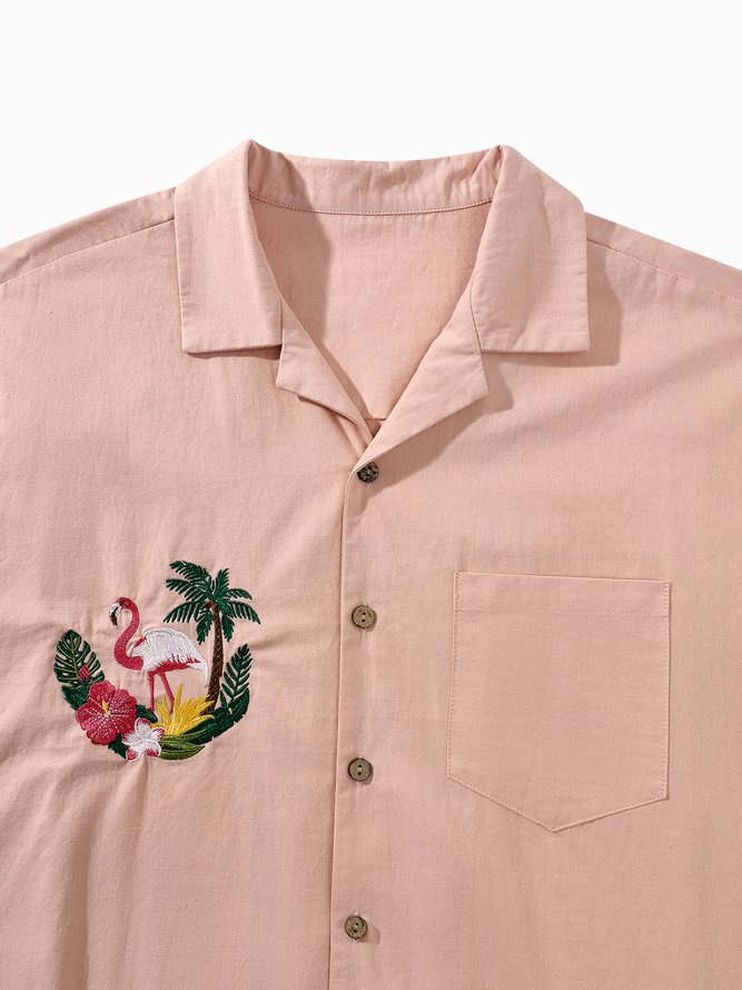 Side view of Men Summer Flamingo Vacation Lightweight No Elasticity Moisture Permeability Loose Regular Camp Collar Aloha Shirts