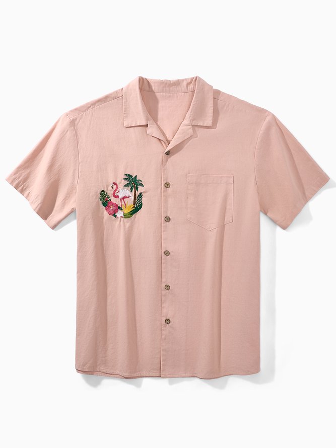 Side view of Men Summer Flamingo Vacation Lightweight No Elasticity Moisture Permeability Loose Regular Camp Collar Aloha Shirts