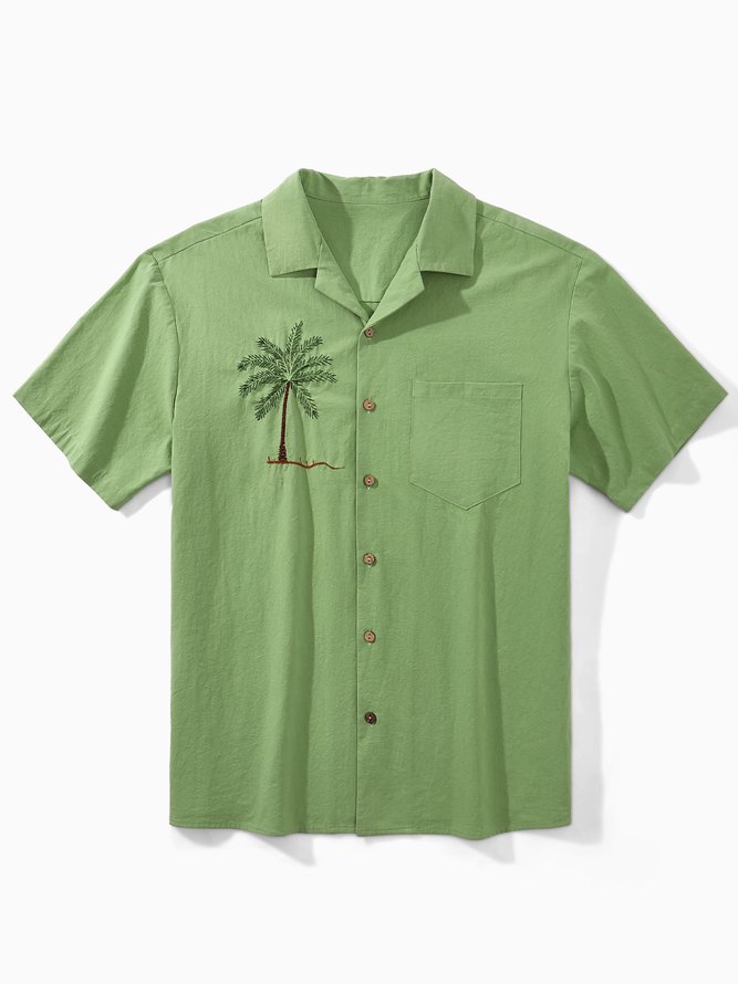 Side view of Men Summer Coconut Tree Vacation No Elasticity Moisture Permeability Household Regular H-Line Camp Collar Aloha Shirts