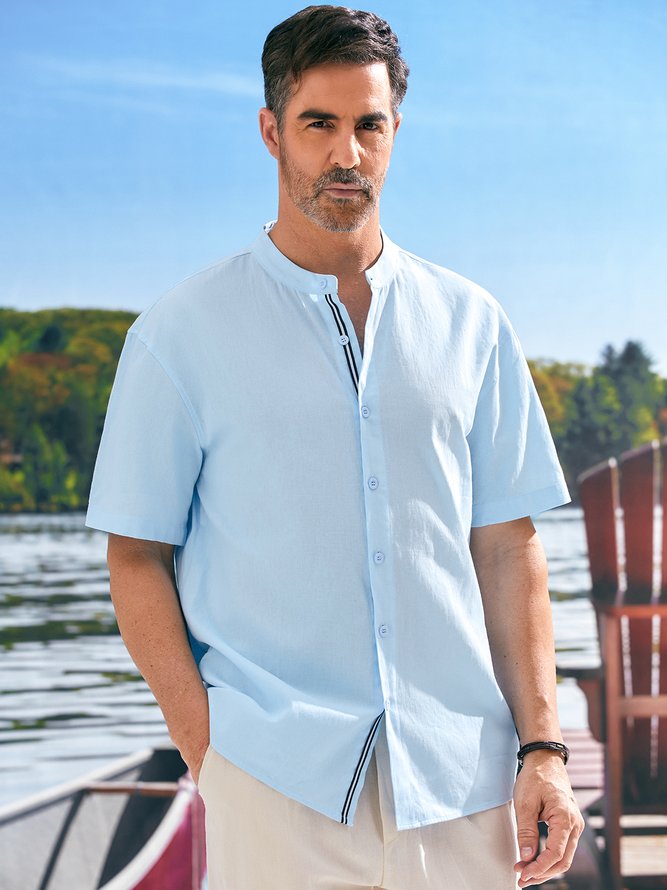 Side view of Casual Plain Summer No Elasticity Loose Short Sleeve Cotton Regular H-Line Aloha Shirts for Men